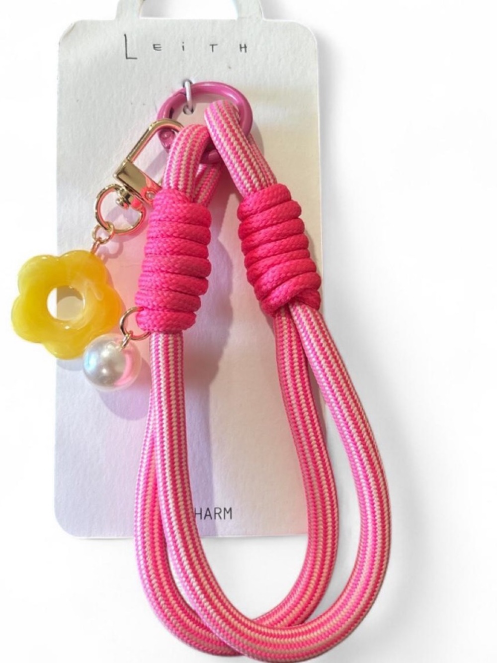Leith pink & white striped bag charm with yellow flower charm and pearl